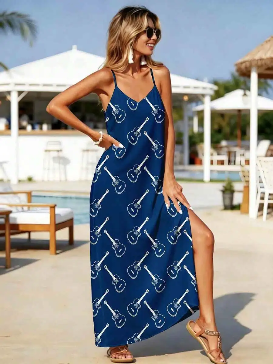 

Blue Guitar Print Maxi Dress With Side Slit Spaghetti Straps Summer Beach Vacation Outfit For Women