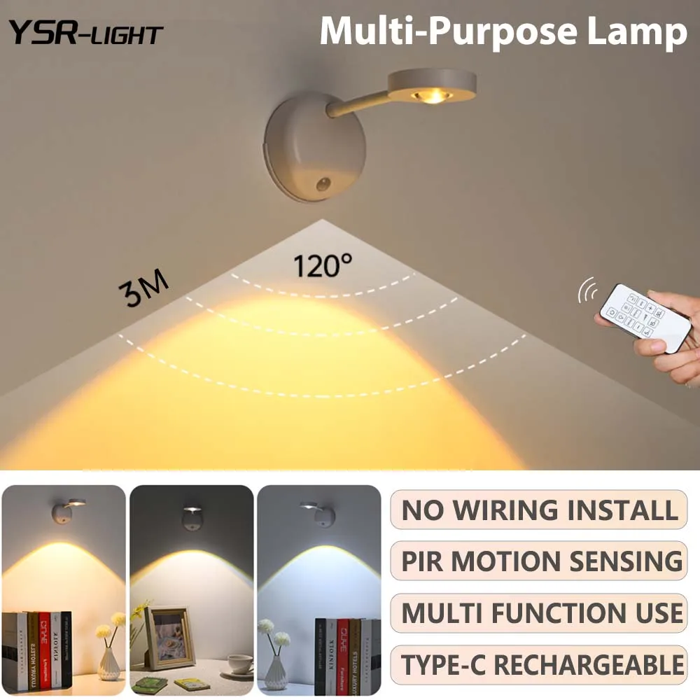 Motion Sensor LED Wall Lamp 3-White Dimmable Rechargeble Touch/Remote Control Timer No Wiring for Corridor Cabinet Focus Lamp