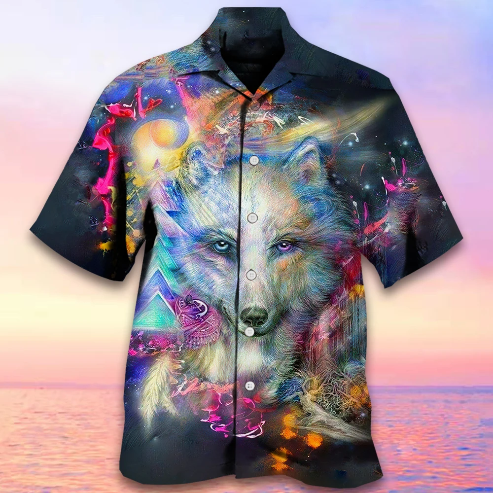 2024 New Wolf Print Cuban Collar Shirt Vintage Men\'s Shirt Street Fashion Oversized Hawaiian Shirts For Men Short Sleeve T-Shirt