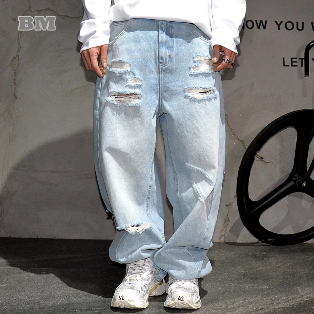 

Korean Streetwear Light Blue Ripped Baggy Jeans For Men Denim Cargo Pants High End Men'S Clothing Hip Hop Trendy Trousers Male