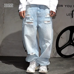Korean Streetwear Light Blue Ripped Baggy Jeans For Men Denim Cargo Pants High End Men'S Clothing Hip Hop Trendy Trousers Male