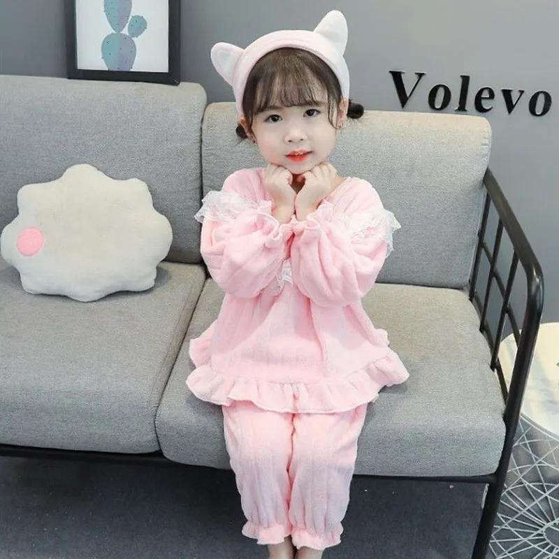 2 Pieces Set Autumn Winter Toddler Clothing Flannel Princess Pajamas Soft Comfortable Girls Baby Sleepwear Suit Lace Tops Pants