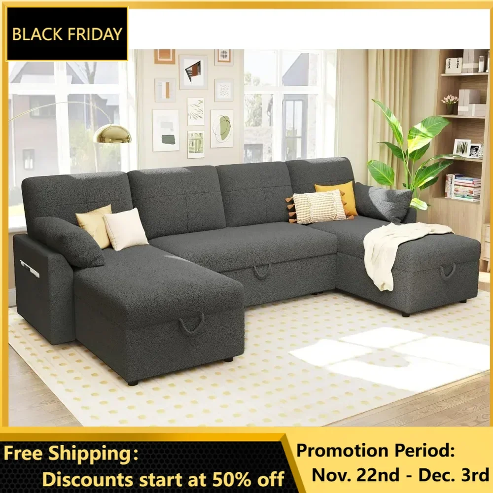 

Sleeper Living Sofa, Oversize - 2 in 1 Pull Out Bed, Sectional Sleeper Sofa with Double Storage Chaise for Living Room, Sofas