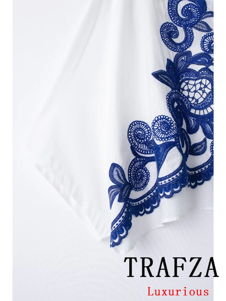 TRAFZA Vintage Casual Chic Women Embroidery Loose Suit V-Neck Loose Shirt Straight Long Skirt New Fashion 2024 Summer Sets