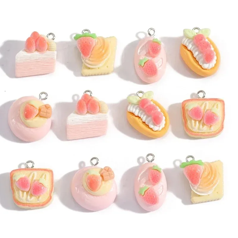 10Pcs Mini Simulation Dessert Resin Pendants Strawberry Cake Cookie Toast Charms Handcraft Supplies For Keyring Earring Necklace