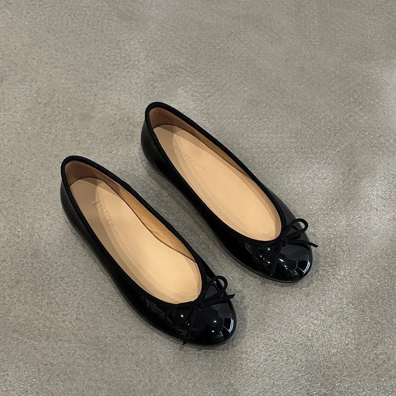 

Women Genuine Leather Round Toe Flat Shoes Soft Bottom Low Heel Slip-On Ballet Flats Butterfly Knot Casual Women Shoes Season