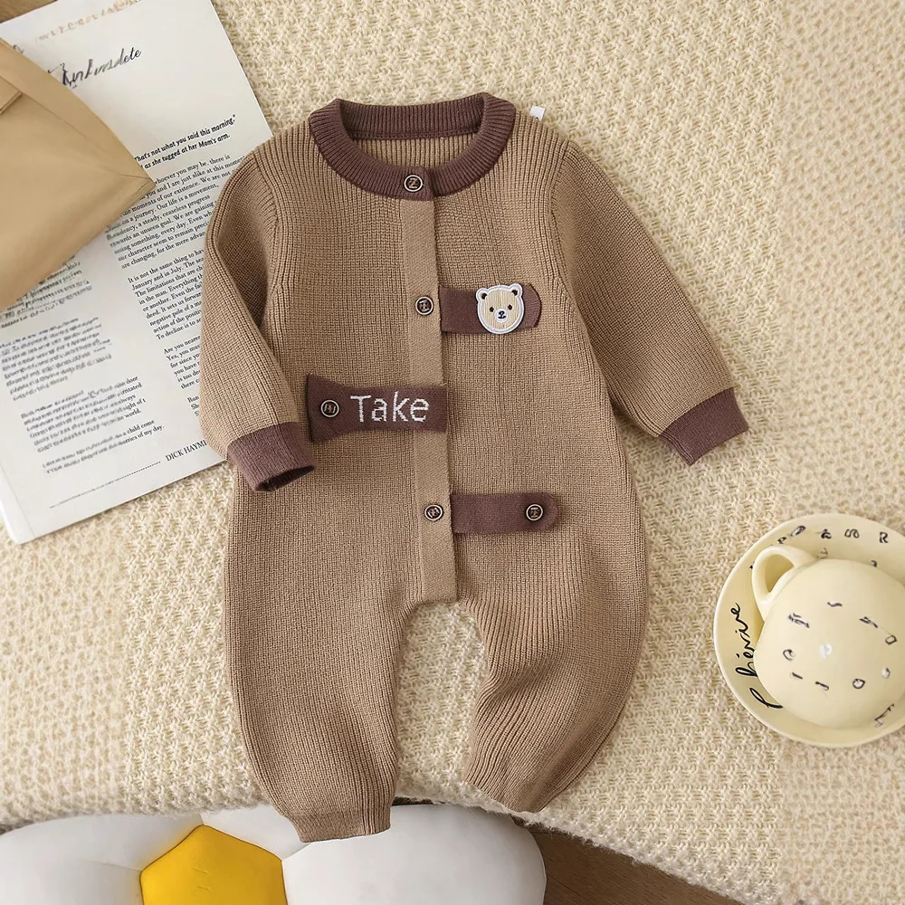 

Осенне-зимний вязаный комбинезон для новорожденных мальчиков с аппликацией в виде медведя, боди для маленьких мальчиков с круглым вырезом, комбинезоны для маленьких мальчиков, детские комбинезоны