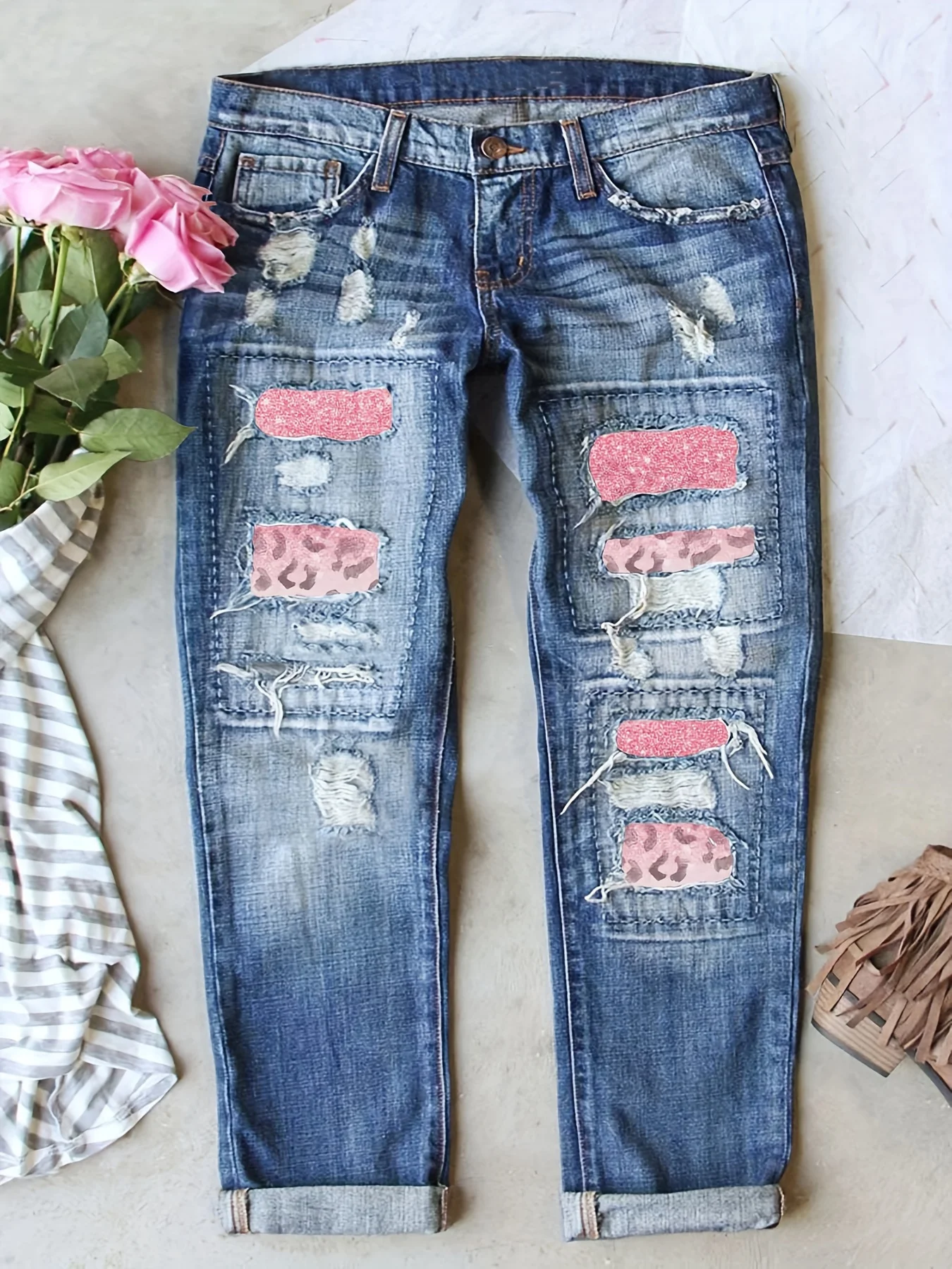 Stylish High Waisted Distressed Denim Jeans - Soft Stretch Cotton Blend, Faux Suede Elbow Patches, Comfortable, Fashionable, and