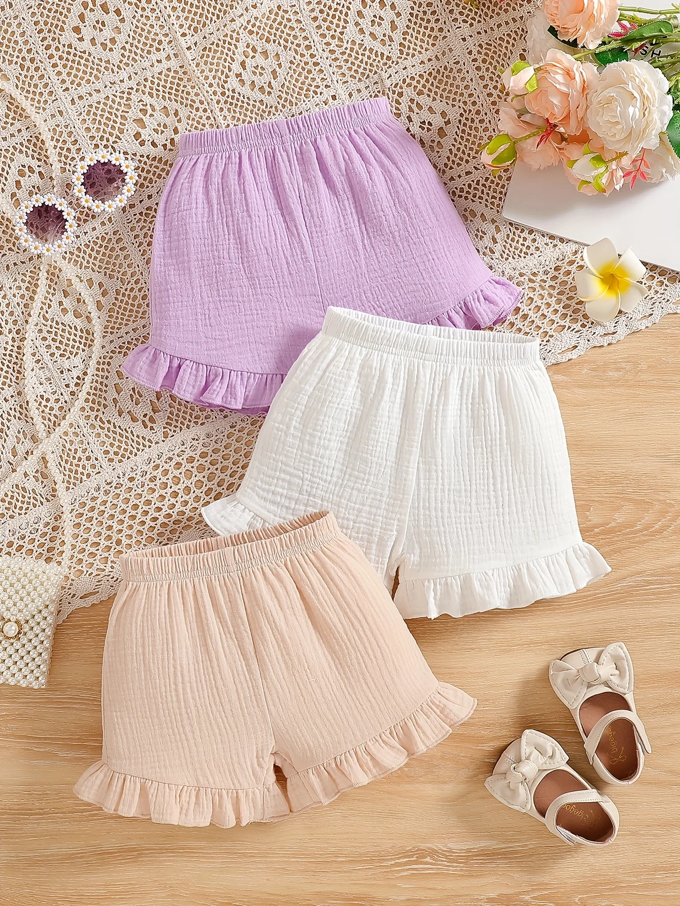 

Комплект из 3 однотонных шорт с рюшами для маленьких девочек — универсальная повседневная/школьная одежда, подарок на день Святого Валентина и день рождения