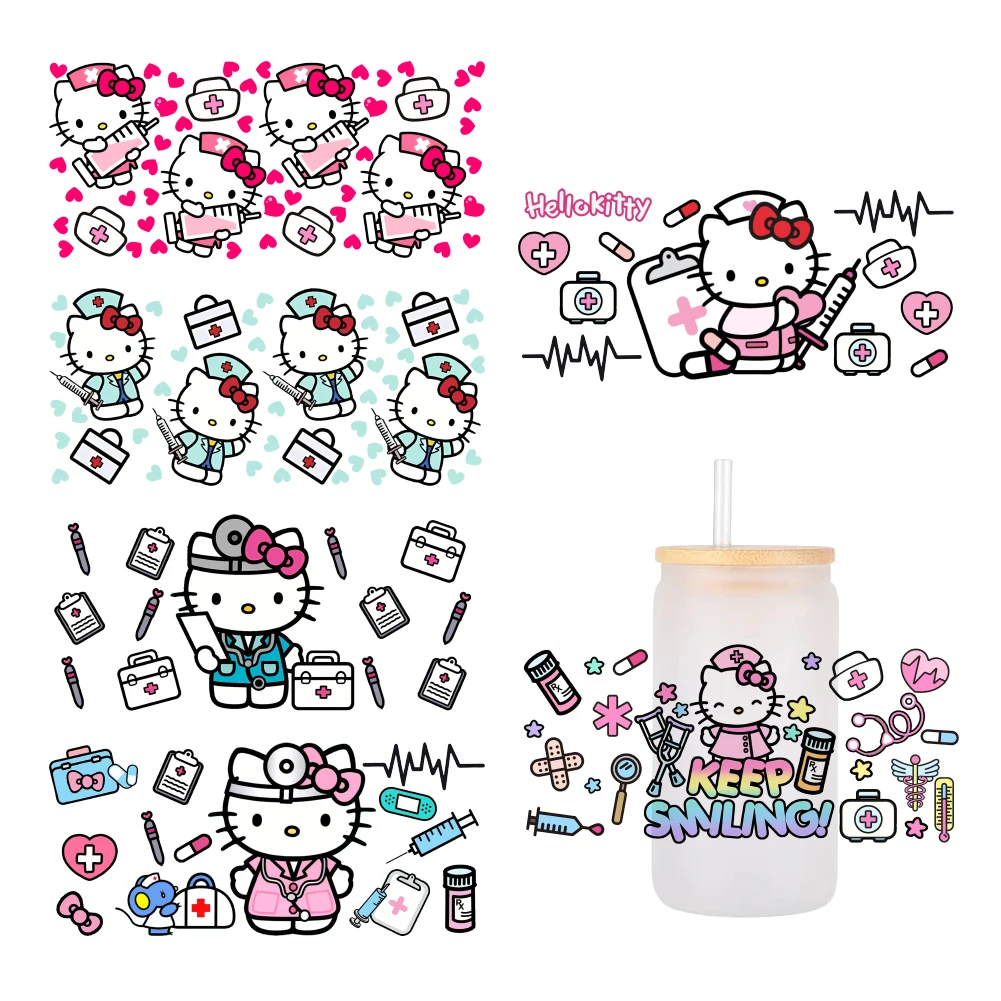 

Hello Kitty Doctors nurses Medical treatment For Libbey 16oz Can Glass 3D Waterproof UV DTF Coffee Can Wrap Libbey Glass Wrap