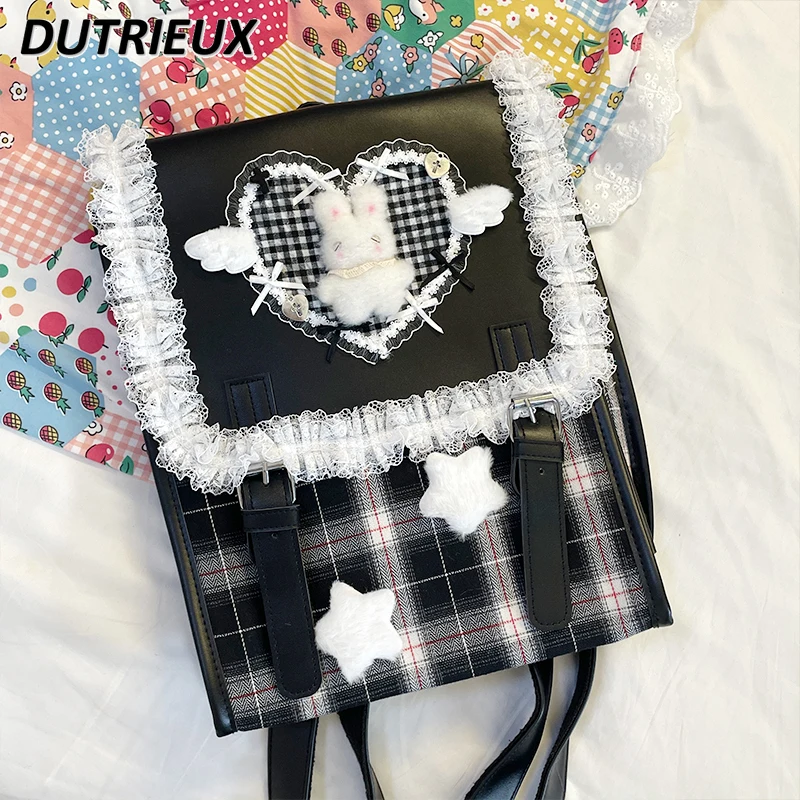 Original New Autumn and Winter Black and White Plaid Rabbit Lace Backpack Y2k Spice Girl Large-capacity Student Schoolbag