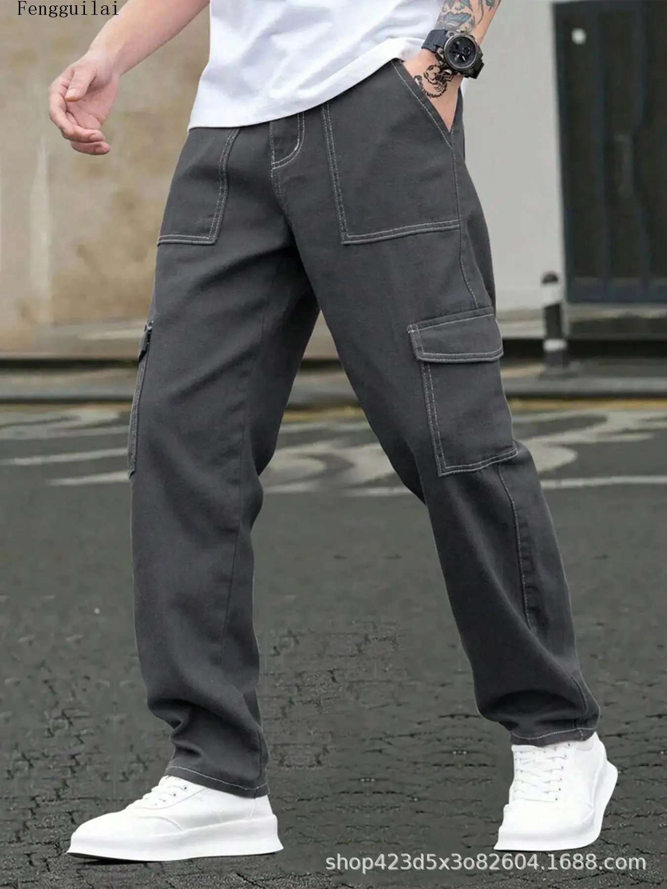 Streetwear Men Multi Pocket Cargo Pants Contrast Stitch Drawstring Cuff Jogger Trousers Loose Fit Daily Casual Work Pants