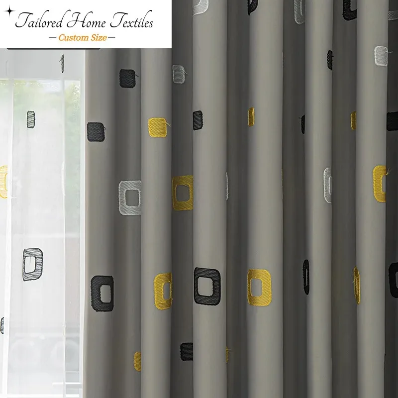 

Custom Size New Geometric Pattern Embroidered Blackout Curtains Modern Simple Checkered Printed White Tulle Window Decor