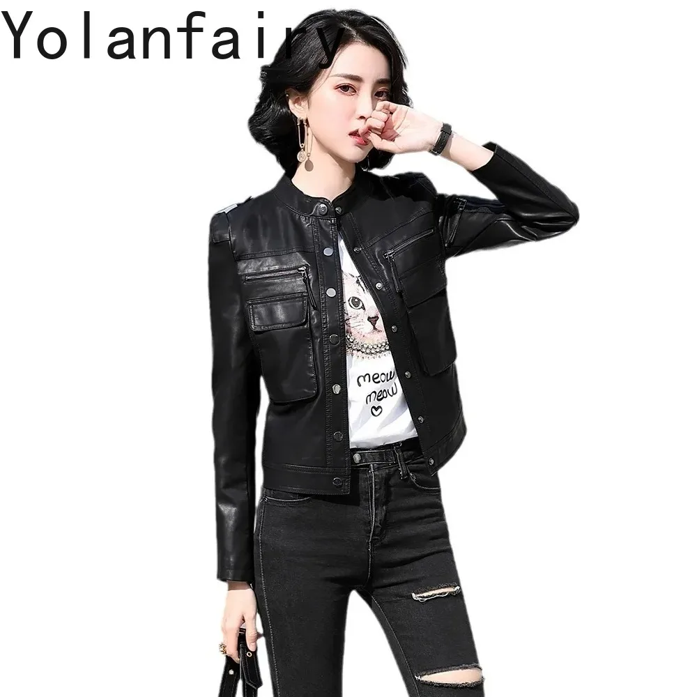 

YOLANFAIRY Куртка из натуральной кожи Женская одежда Тонкое короткое пальто из натуральной овчины Женские мотоциклетные куртки Куртка Женская Кожаная