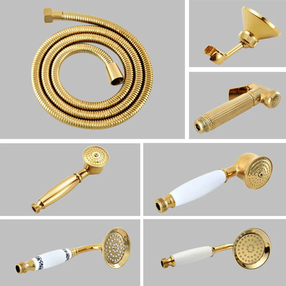 Gold Color Brass Bathroom Hand Held Shower Head + 1.5m Hose + Wall Holder Bracket tzh354