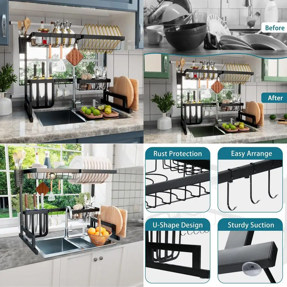 

Регулируемая полка для раковины из нержавеющей стали — большая сушилка для раковины для хранения и организации на кухне (25-35 дюймов)