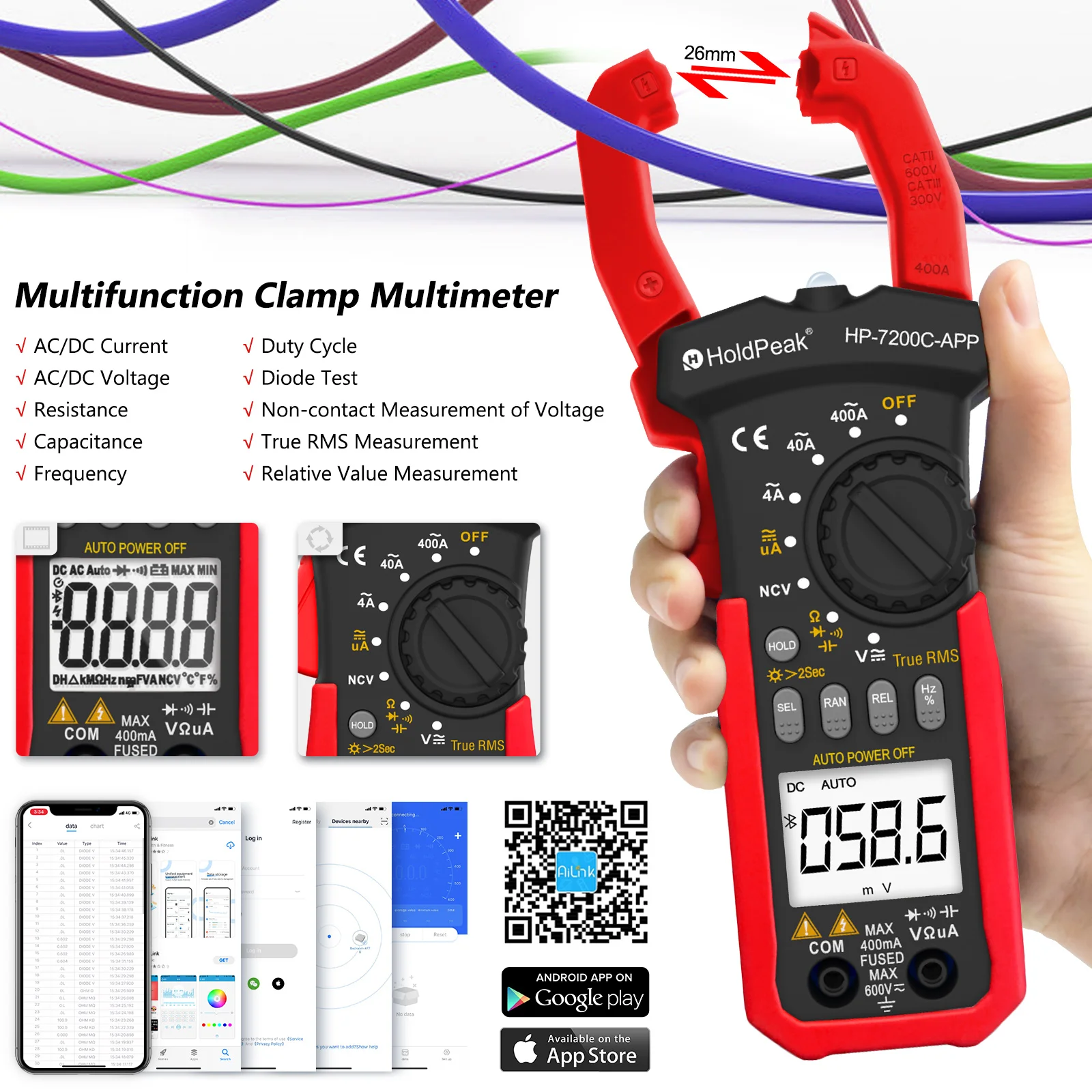 HOLDPEAK HP-7200C-APP Clamp Meter Multimeter 4000 counts with Smartphone APP,AC/DC TRUE-RMS LCD Display  Lamp Light Data Hold
