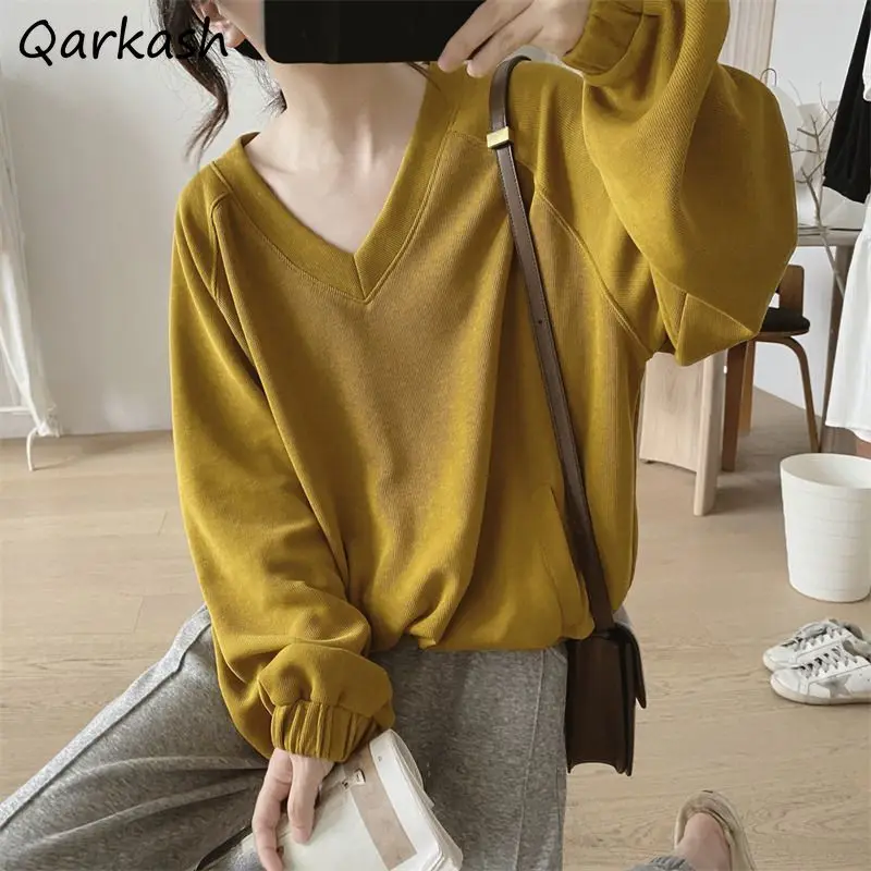 

M-4XL Sweatshirts Women Baggy V-neck Pure Leisure Soft Vintage Ulzzang Streetwear Popular Lantern Sleeve Designed All-match New