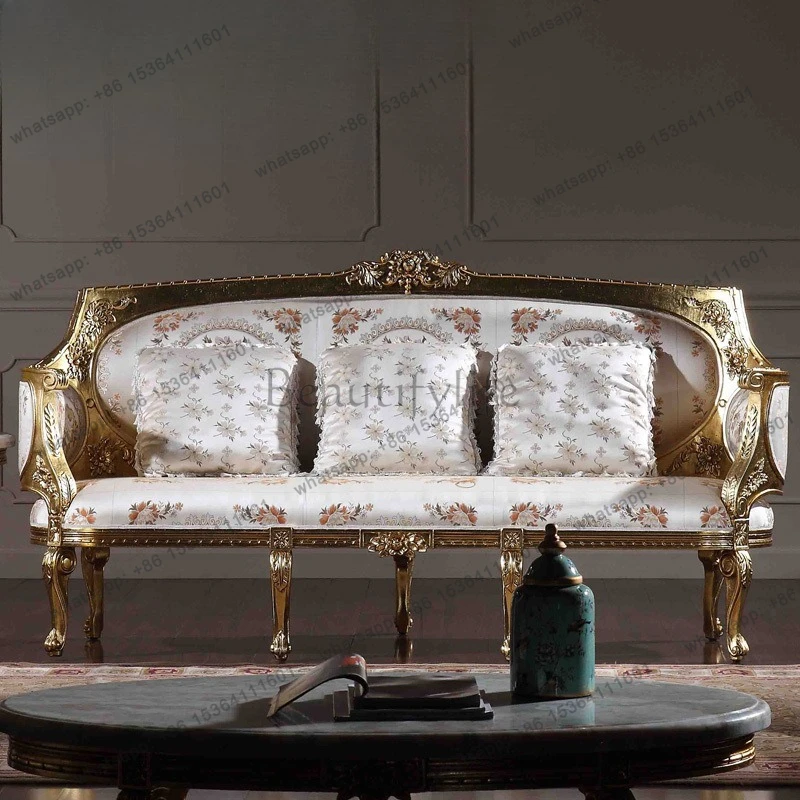 Italian luxury classical solid wood hand-carved fabric sofa combination sticker gold foil three-person sofa