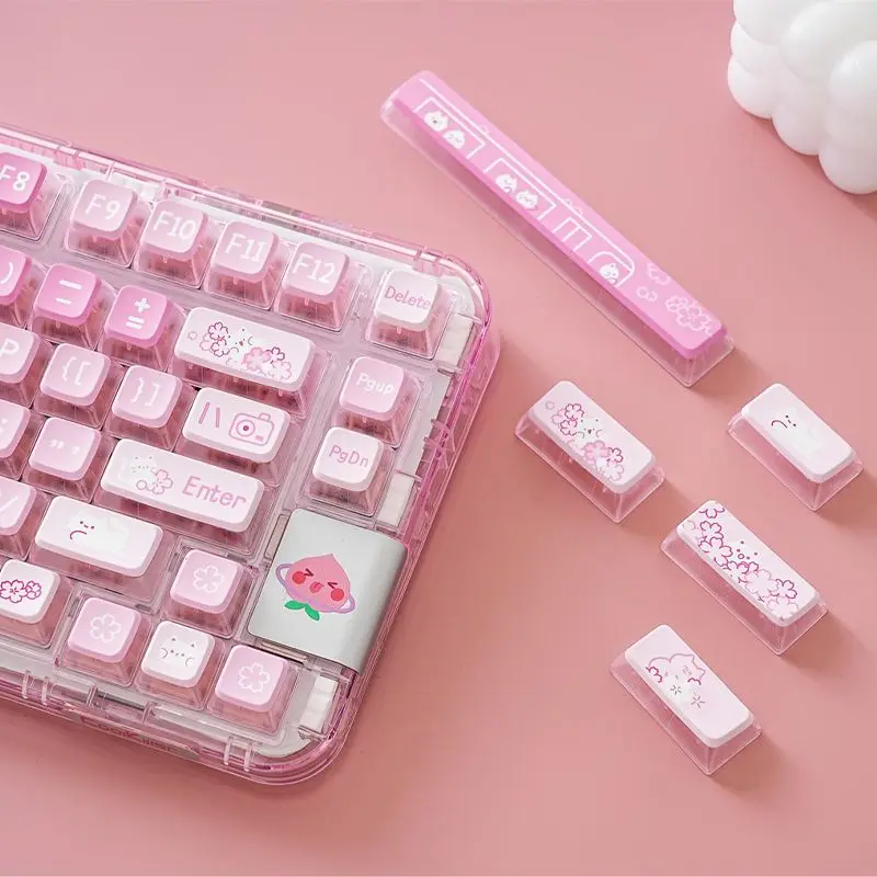 

Pudding Transparent Keycap Pink Cherry PBT KSA Blossom Cat PBT Sublimation 120Key Suitable For Mechanical Keyboard Keycaps