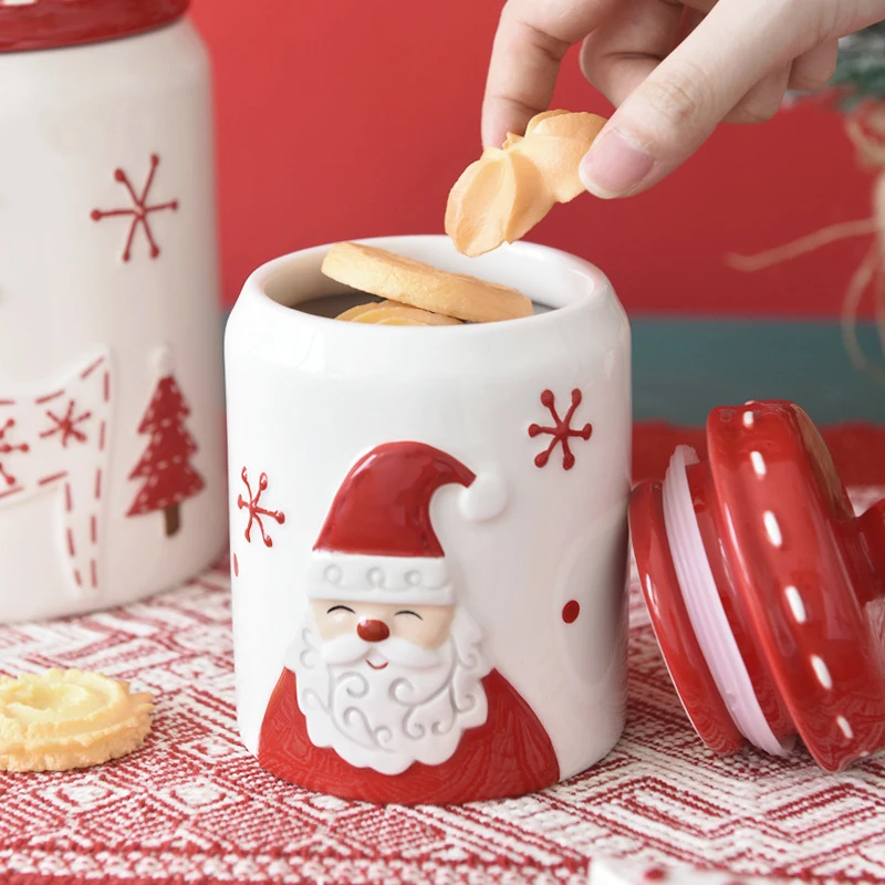 Nordic Style Santa Claus Printed Round Sealed Jar Large Ceramic Snack Jar Creative Christmas Gift Storage Storage Jar