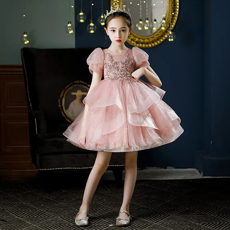 Kinder Roze Prom Dress Chique Elegante Kant Bubble Mouw Prinsessenjurken Kid Girl Christmas Party Homecoming Kostuum Baljurk