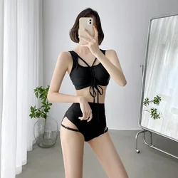 Korean Style High Waist Bikini Set Women Lace Up Biquini Suit Two Pieces Pleated Swimwear Black Swimsuit Bandage Beach Suit 2024