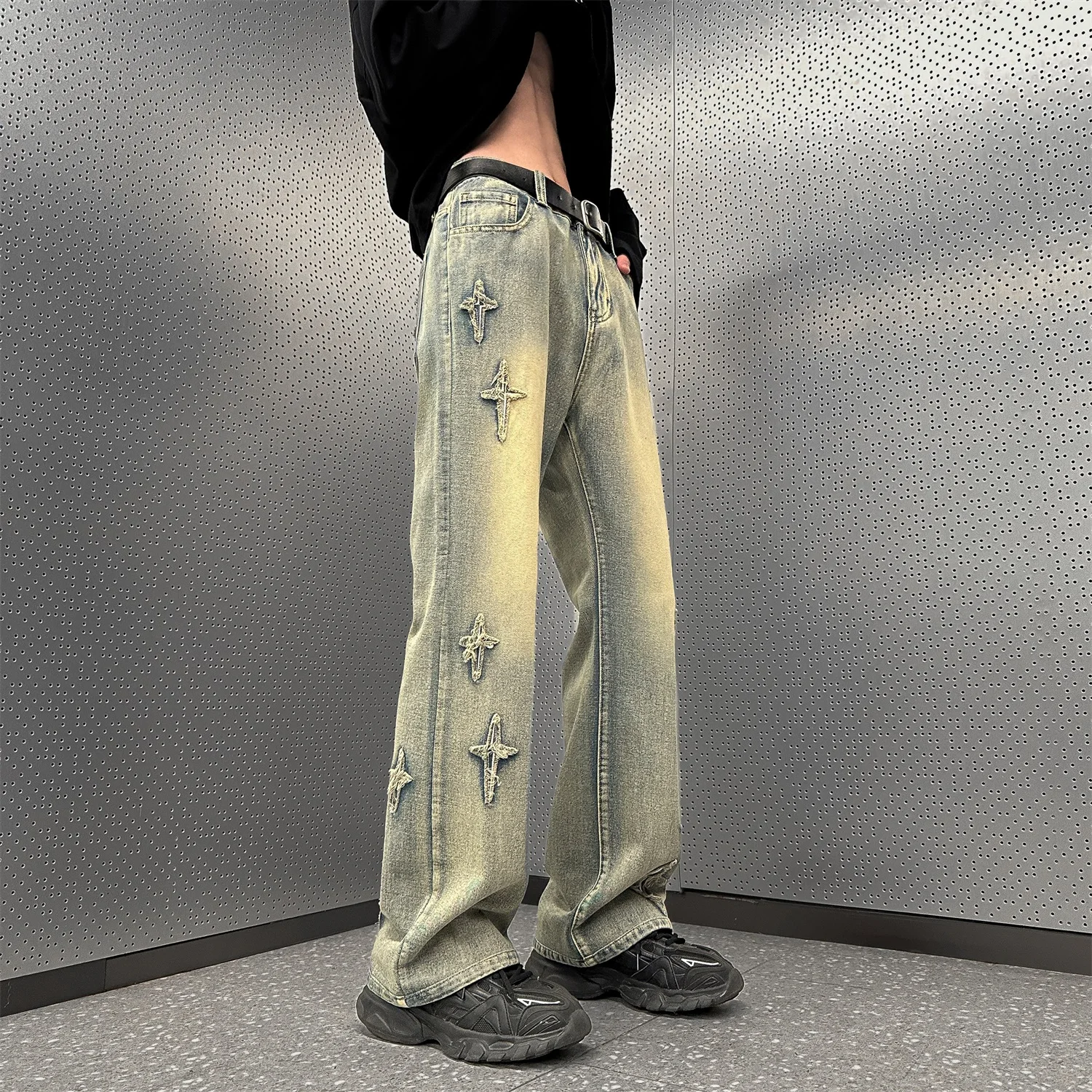 

Oversize Straight Leg Men's Jeans Yellow Mud Color Spring Autumn Faion Brand Cool Wide Leg Pants Youth Trendy Jeans
