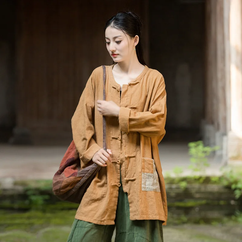 Fall 2025 original ramie linen open-front coat. Zen-Nomad style artistic women's outerwear.