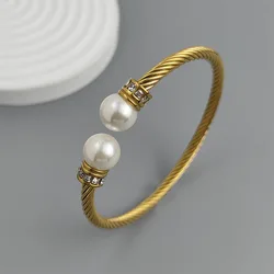 New steel wire button zircon pearl stainless steel gold-plated bracelet 18K, high quality waterproof couple bracelet, wife gift