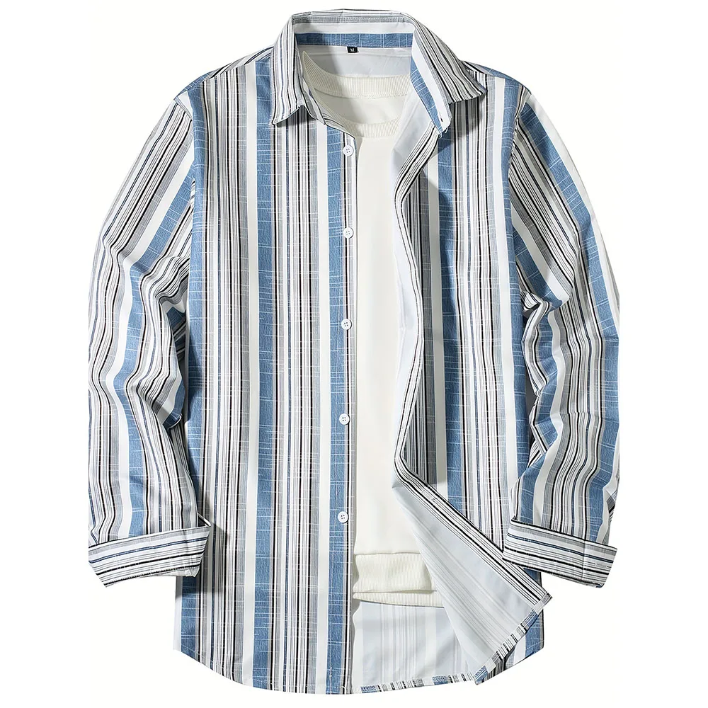 New Men's Long Sleeve Blue White Striped Shirt Fashion Standard-fit Button Down Shirts Blouse Men Hip-hop Streetwear Camisas