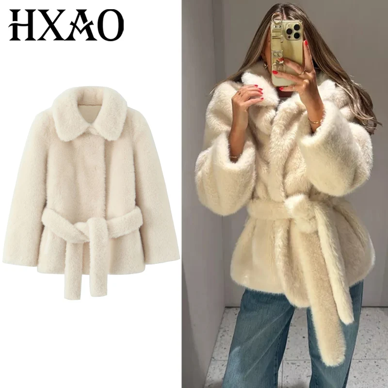 

HXAO Beige Faux Fur Coat Women's Jacket Autumn Winter 2025 Fashion Stuffed Belt Long Sleeve Hairy Jacket Fluffy Crop Outerwears