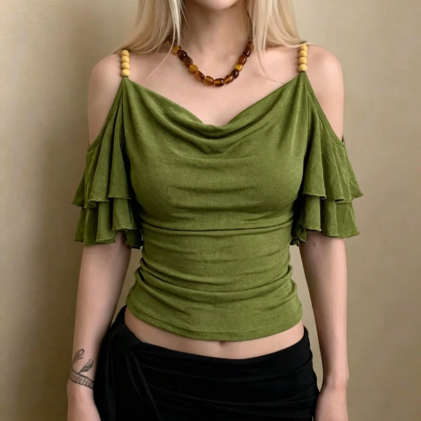 Vintage Draped Ruffle Off Shoulder Slim Tee Soft Hot Girl Women Casual Top
