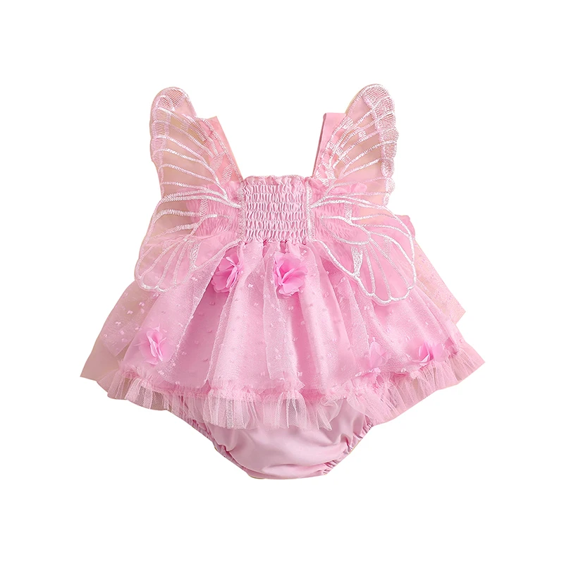 

Infant Baby Girl Sleeveless Strap Romper Dress Ruched Jumpsuits Lace Butterfly 3D Flower Mesh Tutu Dress