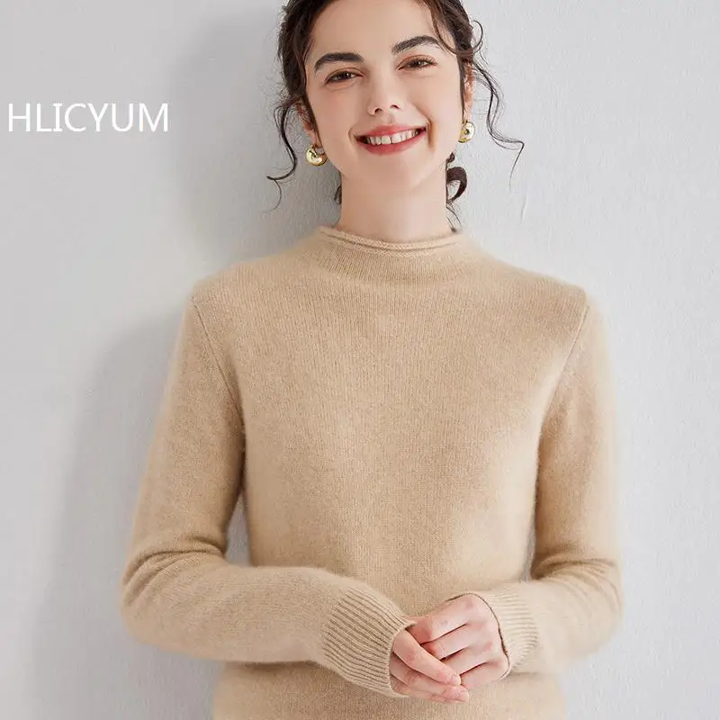

Autumn/Winter Cashmere Sweater Women's Casual Solid Thick Knit Loose Wool Tops Curled Edge Half High Collar Jumper Basic Blouse