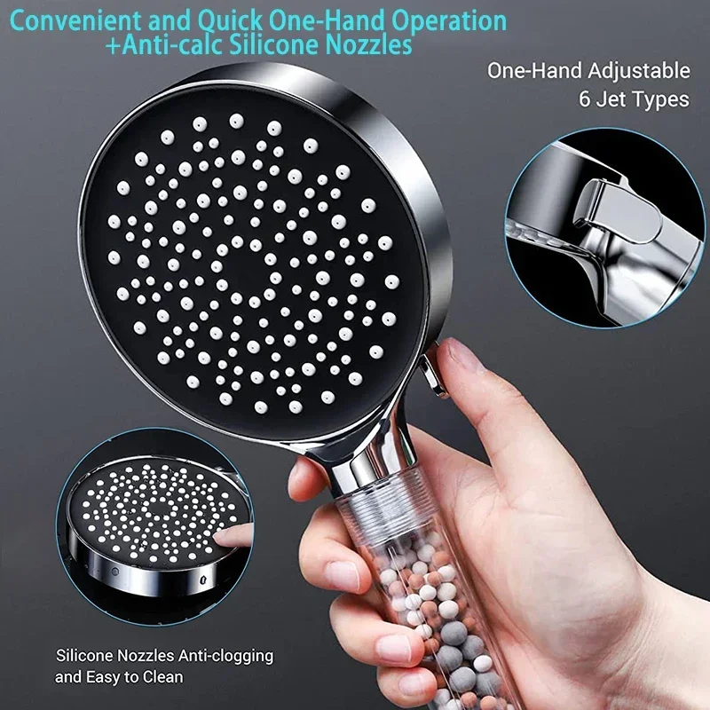Water Saving Six Functions High Press Shower Head Handheld Powerful Flow Shower Heads with Beads Filter Pressure Boost