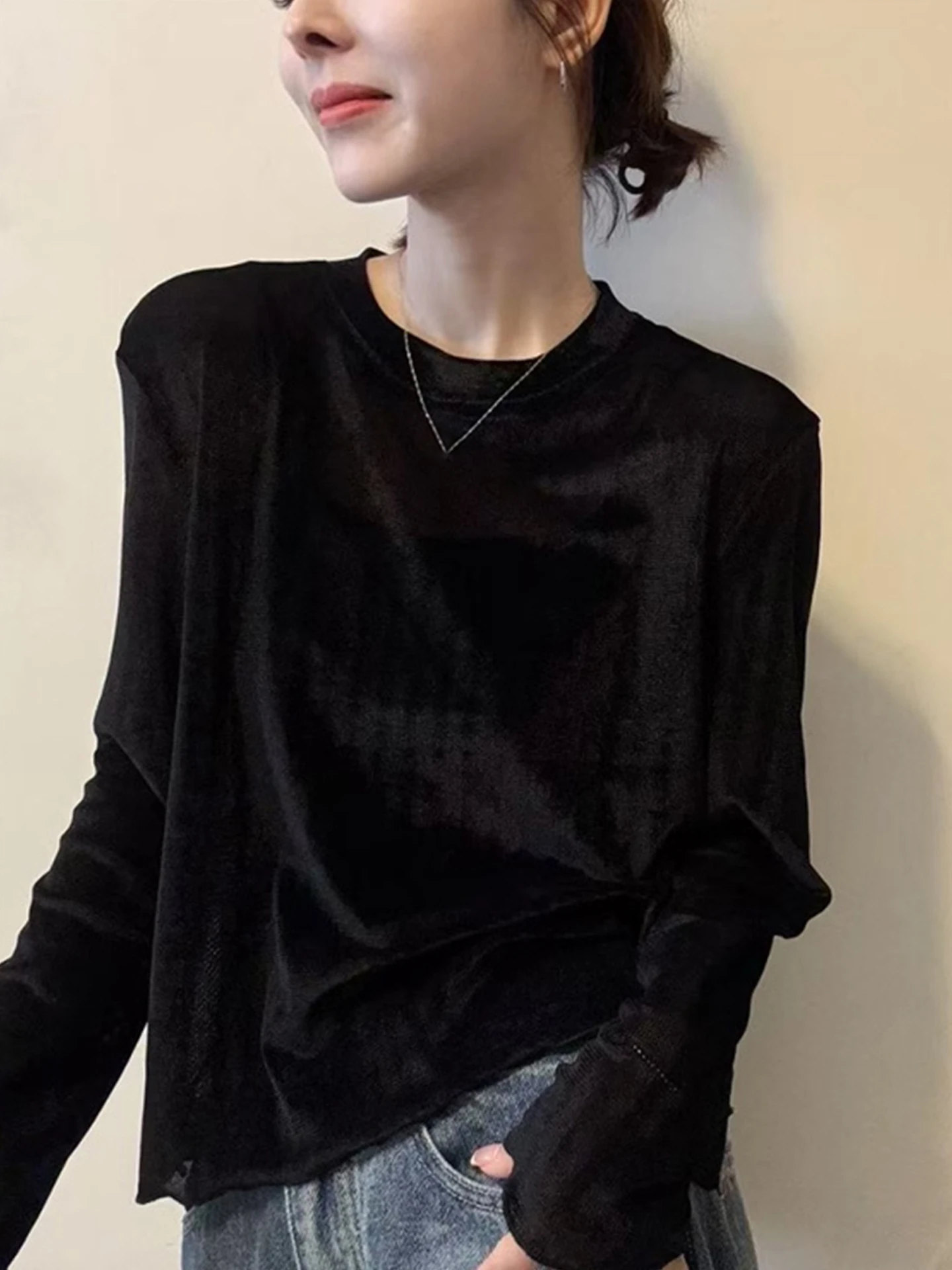 Ele Color Long Sve Round Ne Base Irt Frühherbst Top Einfaches koreanisches Sle Commute Wind Straight Tube T-Shirt