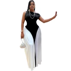 Women's Black and White Color Spliced Irregular Dress, Diagonal Collar, Short Sleeve, High Waist, Sexy