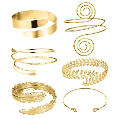 FTCY 6 Pieces Upper Arm Bracelet for Women Silver Gold Color Bracelet Bangle Set Adjustable Armband