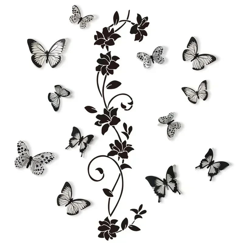 Black Flower Vine 3D Butterfly Wall Sticker Background Wall Bedroom Room Decoration Removable Wall Sticker