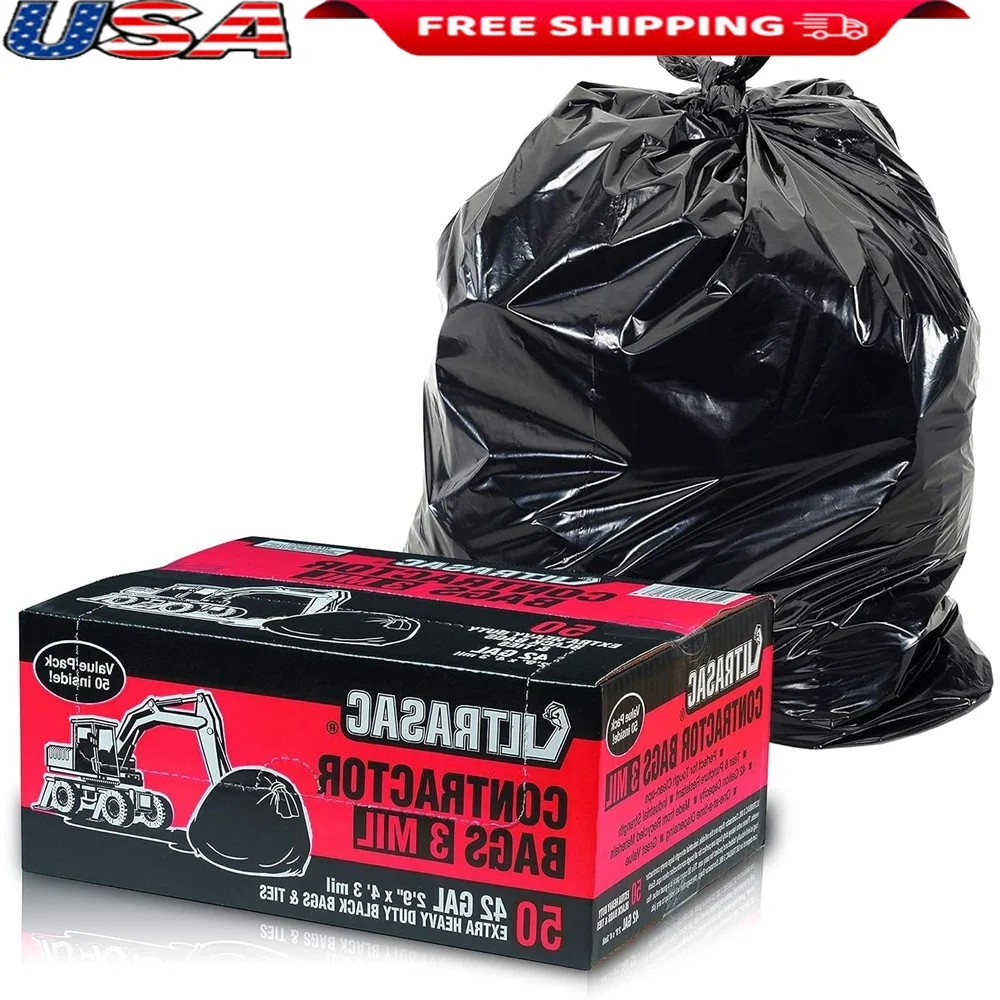 

Сверхмощные мешки для мусора для подрядчика, 50 упаковок, 42 галлона, прочные, устойчивые к проколам, промышленные мешки для мусора, без запаха, низкая плотность