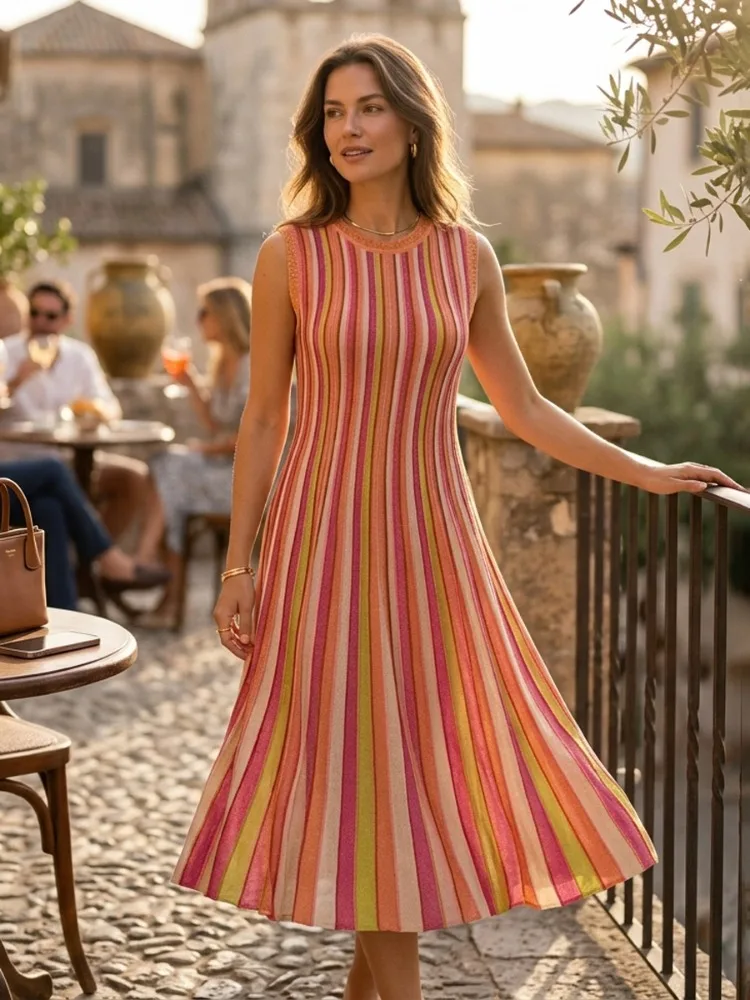 

2026 New Women Striped Midi Dress Women's Casual Dresses Women's Summer Dress Sleeveless Round Neck Flared A Line Beach Vacation
