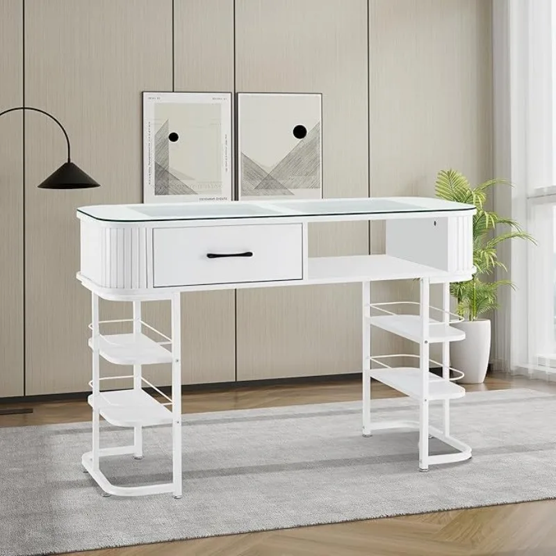 Modern minimalist nail table with storage rack beauty and nail workbench, glass countertop nail table