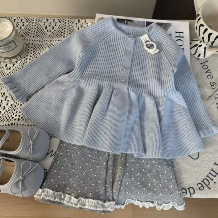 Girls Suit 2026 Autumn and Winter New Childrens Wear Girl Baby Wooden Ear Edge Knitted Cardigan Lace Flared Pants Two Sets
