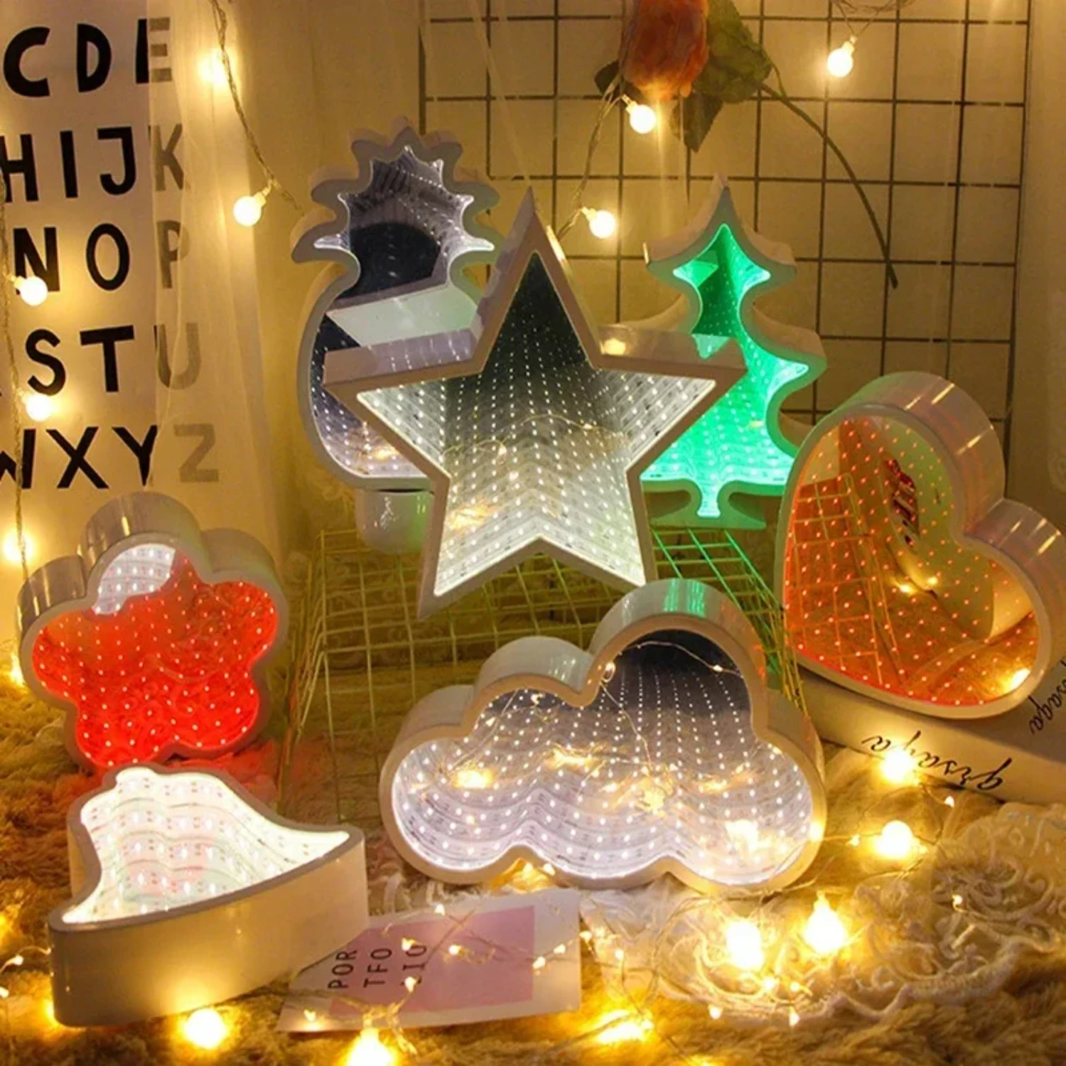 Luces de espejo 3D para bebé, lámpara de túnel de árbol de Navidad, pentagrama, amor, luz nocturna, infinito, creativo, regalo de juguete, novedad