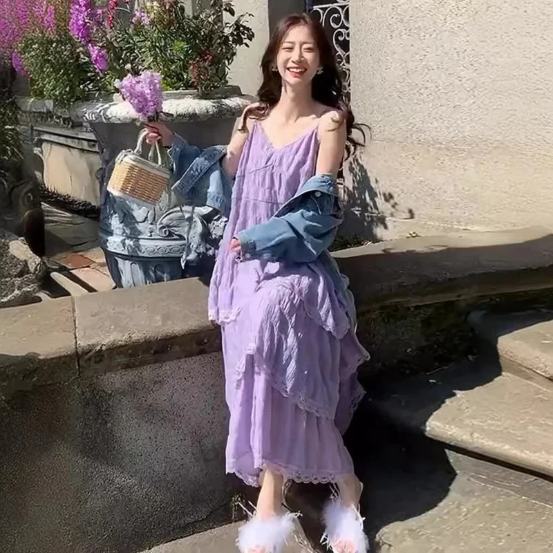 Damska letnia sukienka maxi - Befree Vintage Silk Camis z falbankami, elegancka koronkowa sukienka plażowa Vestidos dla seksownego wyglądu