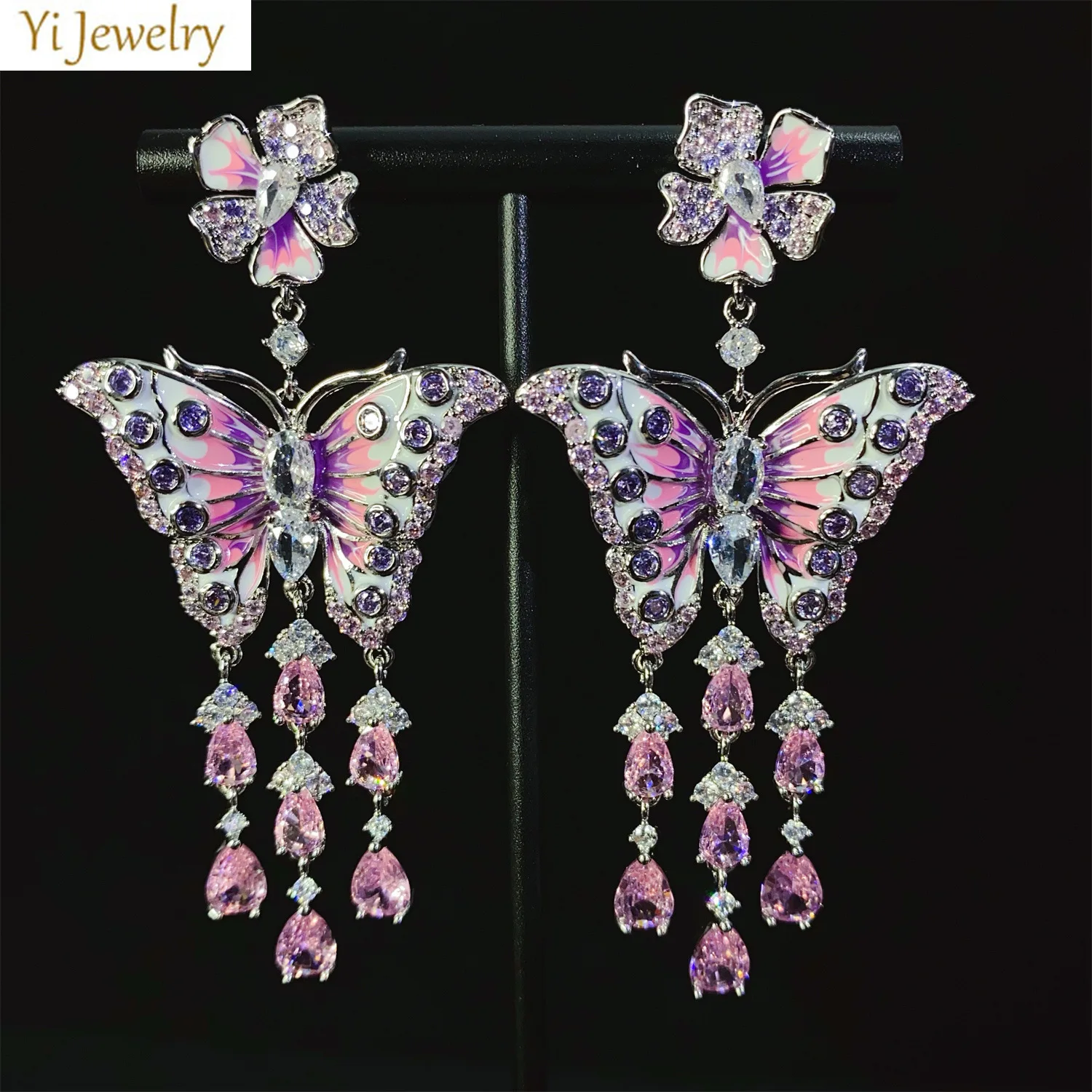 

large long Butterfly Earrings blue pink red zirconia enamel long Tassel dangling Earrings Women Wedding Jewelry Dinner Party