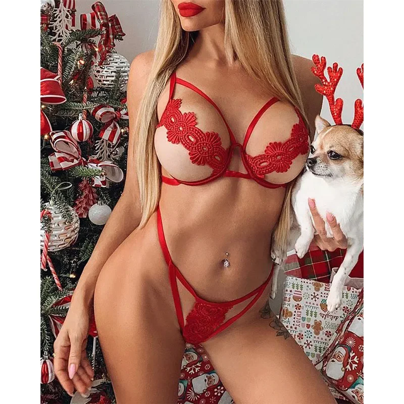 Women\'s Sexy Three-Point Lingerie Set Christmas Carnival Lingerie Sexy New Year Red Bra Thong Pajama Lace Sexy Bikini Set