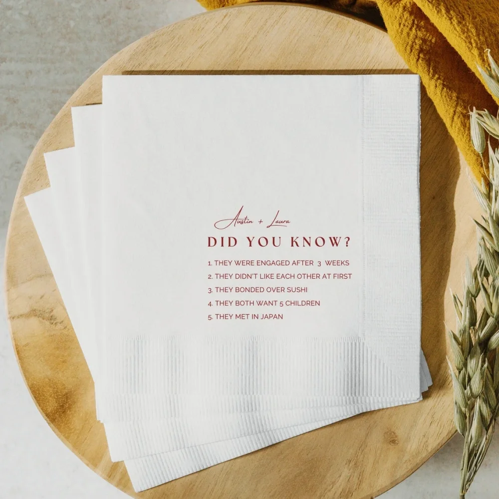 Custom Fun Fact Wedding Napkin Wedding Trivia Cocktail Napkin Wedding Reception Beverage Napkin Decor Elegant Print Coined Edge