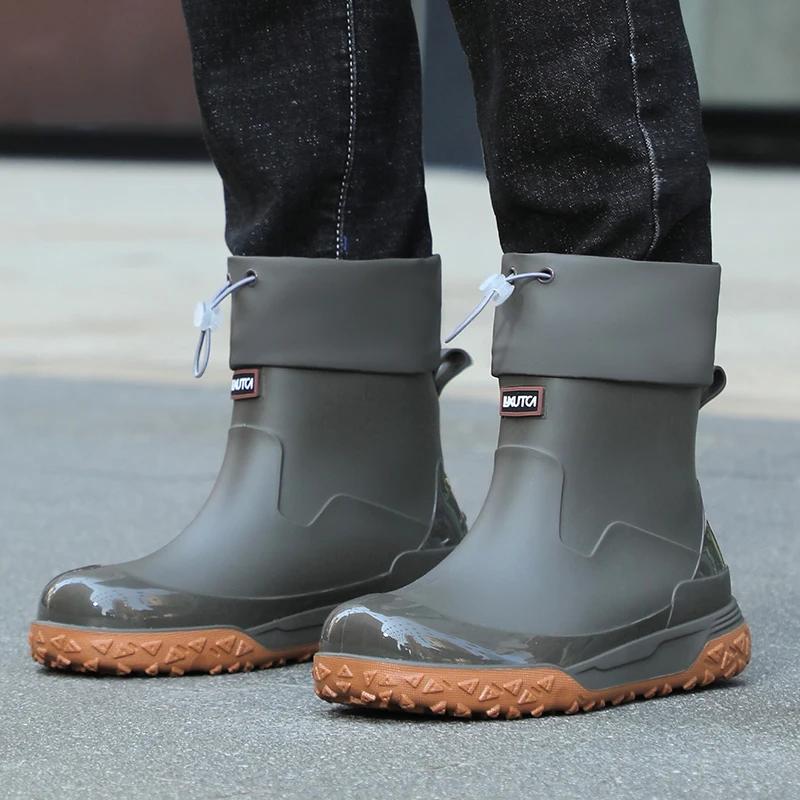 Rubber Shoes Short Tube Detachable Fleece Lined Rain Boots Men's Anti-slip Waterproof Work Water Shoes Fashion Seafood Gathering